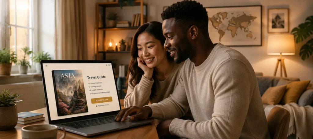 A happy couple looks at a laptop screen displaying an Asia travel guide ebook in a cozy living room.