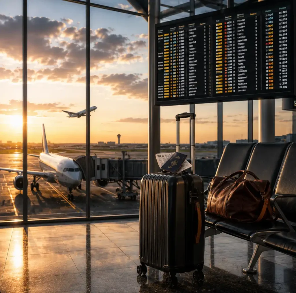 Luggage and Flight Board at Airport Terminal at Sunset