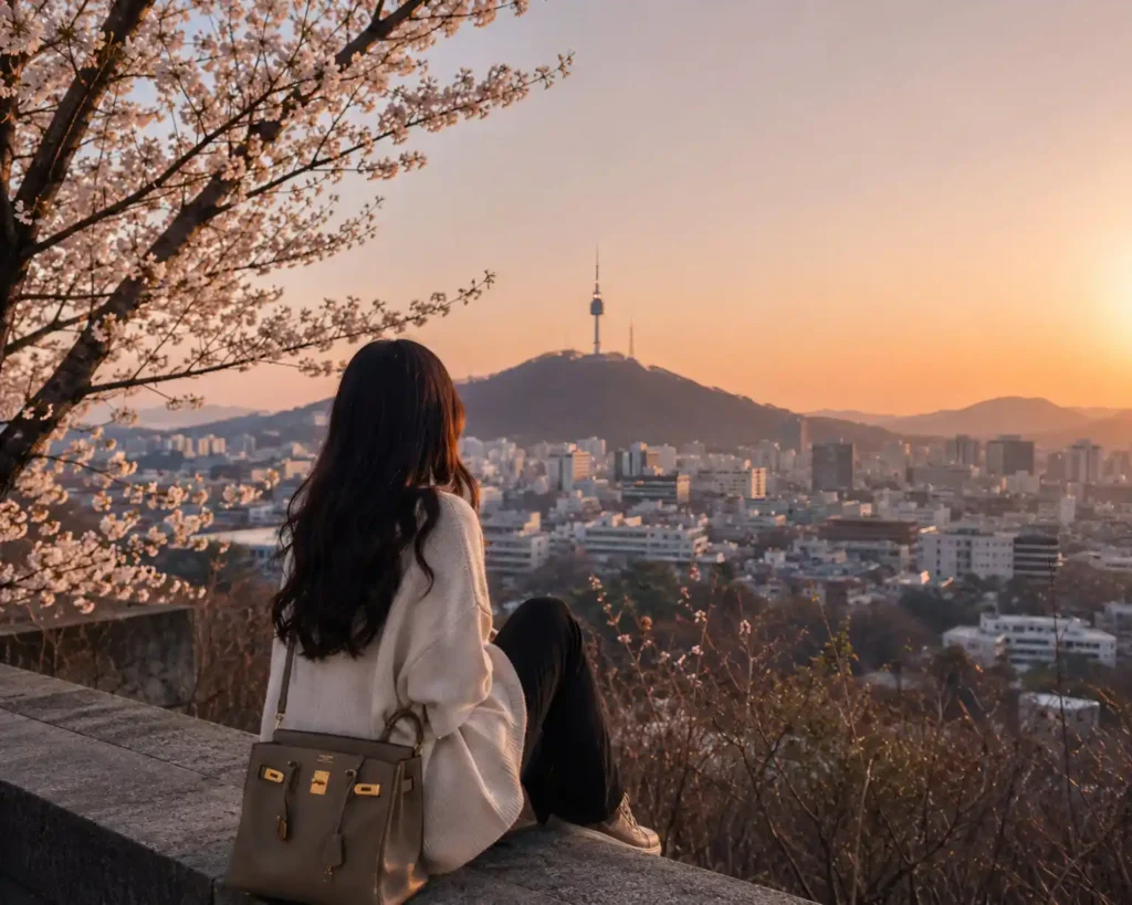 A woman sits under cherry blossoms looking at the Seoul skyline and N Seoul Tower at sunset.