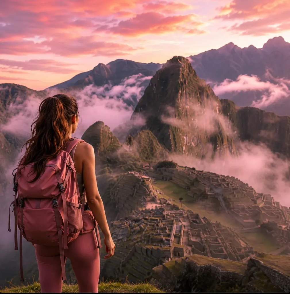 A woman with a backpack looks out over Machu Picchu surrounded by clouds at sunrise.
