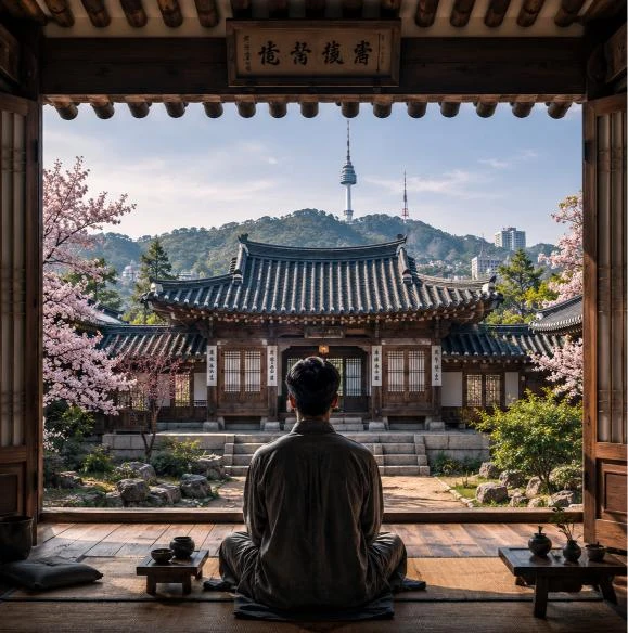 A man sits in meditation inside a hanok, looking at cherry blossoms and N Seoul Tower.