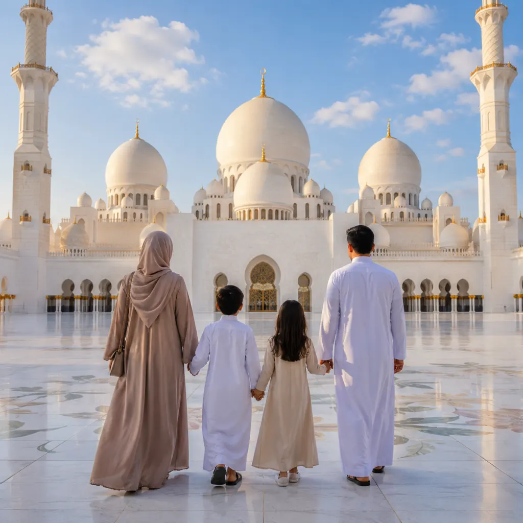 Muslim family of four in traditional attire standing on the marble courtyard facing Sheikh Zayed Grand Mosque in Abu Dhabi.