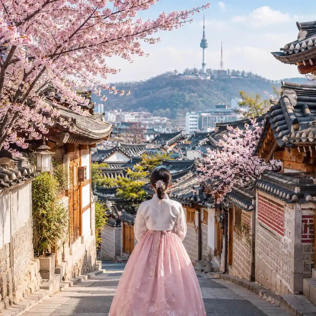 Woman in a pink Hanbok standing in a street lined with traditional Hanok houses and blooming cherry blossom trees facing N Seoul Tower.